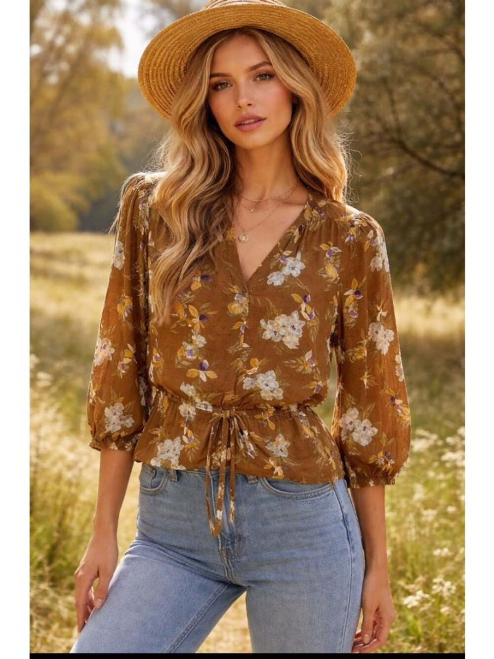 A New Day Blouse Womens Blouse  Tunic Top  NWT Sz S  V-Neck Floral Peasant Boho